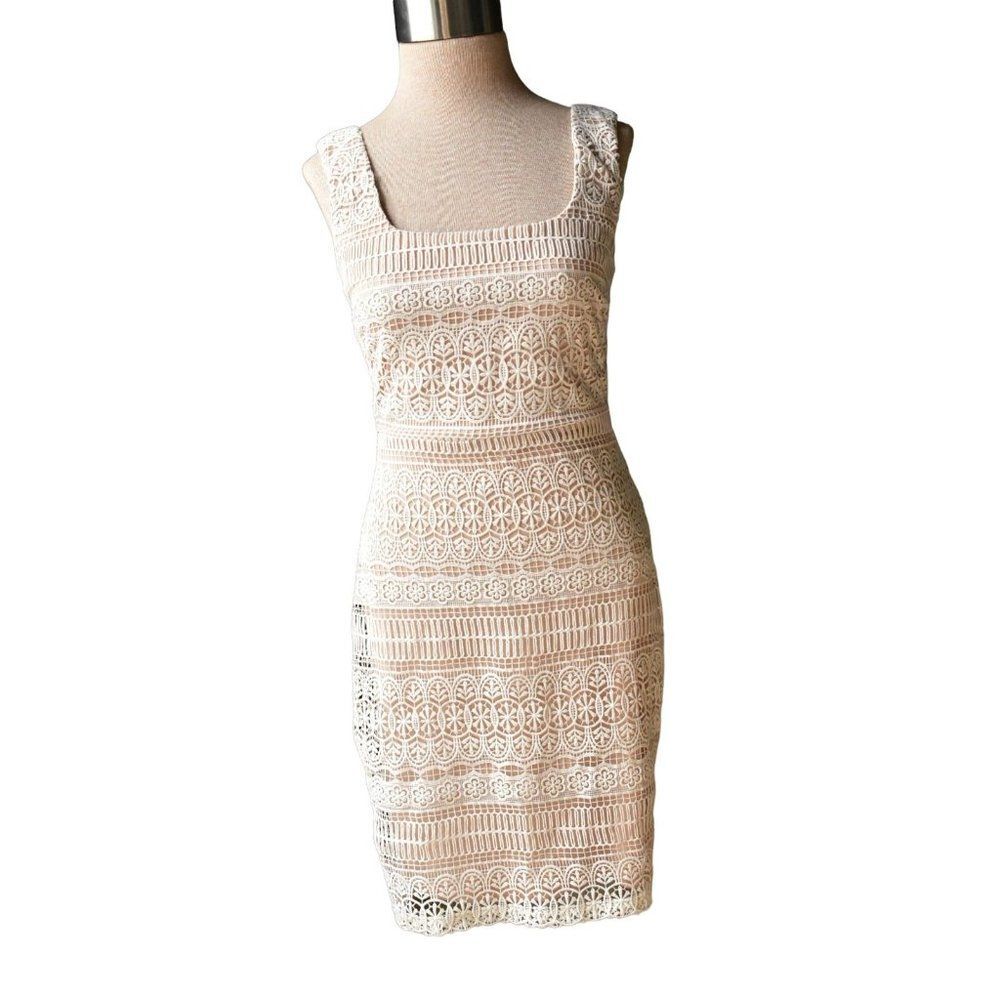 Lulus Lace Sheath Dress Size M Beige White Lace Up back Strapless NWT
